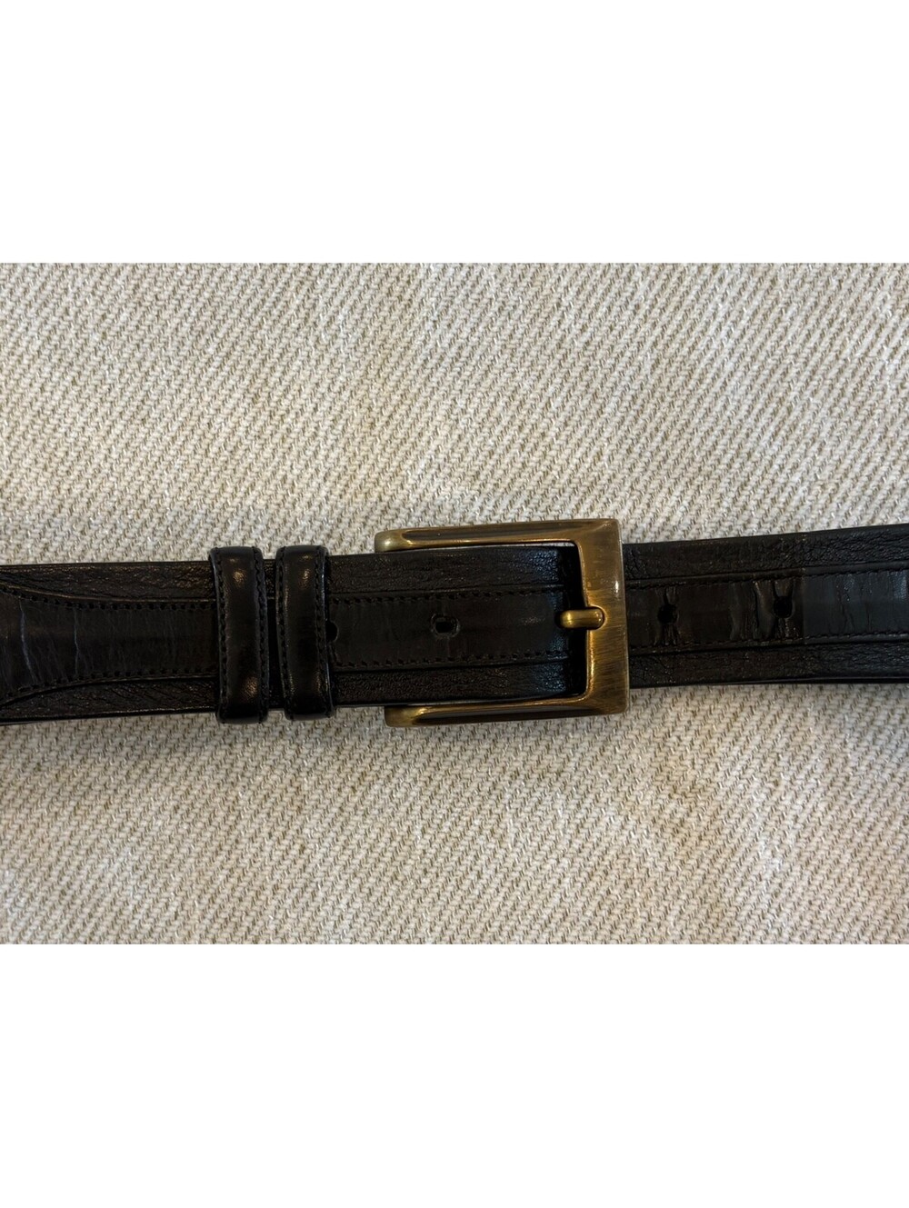Mezlan Spain Men Black Center Piped Paneled Calfskin Dress Belt Size 36 Brass